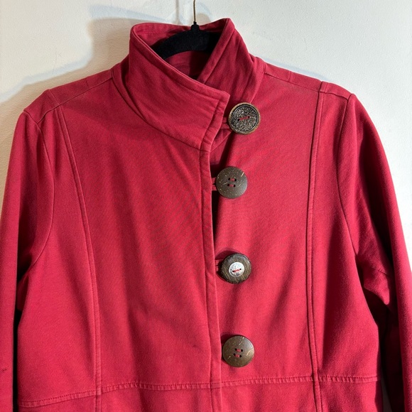 NEON BUDDHA Sz L Jacket Red Button-Up Funnel Neck Pockets Long Sleeve Lagenlook - Picture 3 of 9